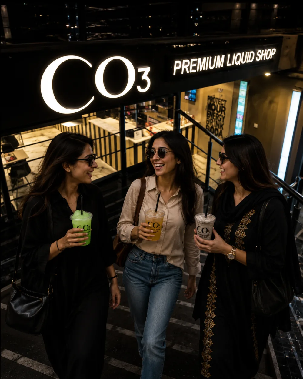 The CO3 storefront glowing at night with friends holding drinks